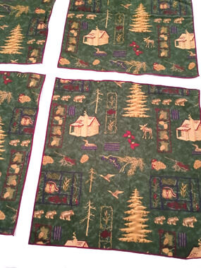 4 Cozy Rustic Cabin Moose Bear Green Hand Made Cloth Napkins 15"